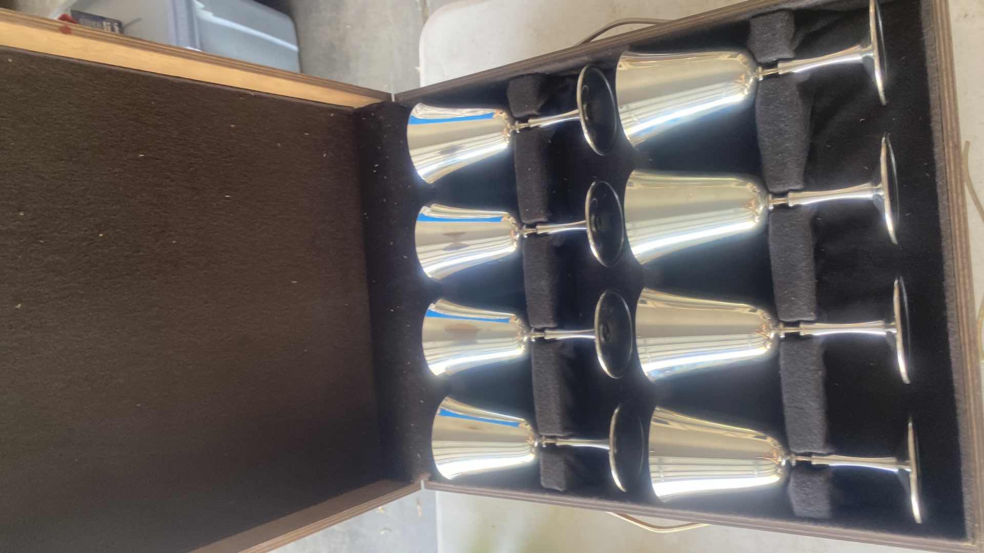 Photo 1 of VINTAGE E.L. DE UBERTI 8 SILVER PLATED WINE GOBLETS & 8 CHAMPAGNE IN WOOD BOX