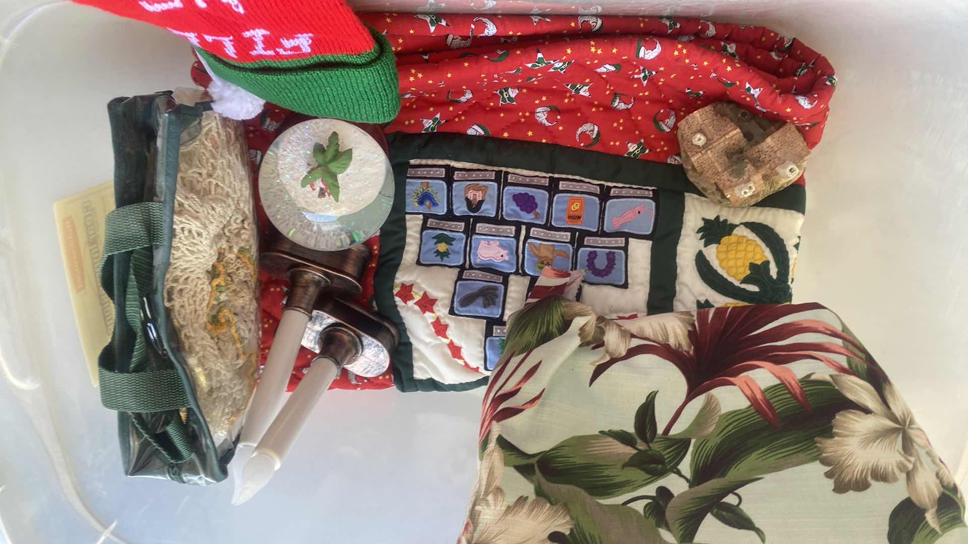 Photo 1 of TOTE WITH CHRISTMAS & HAWAIIAN PRINT TABLE CLOTH