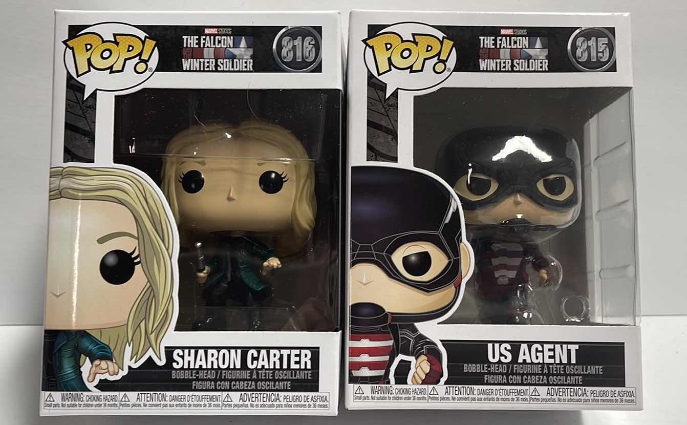 Photo 1 of NIB FUNKO POP MARVEL SERIES THE FALCON WINTER SOLDIER
"SHARON CARTER & US AGENT”
TOTAL RETAIL PRICE $26.99