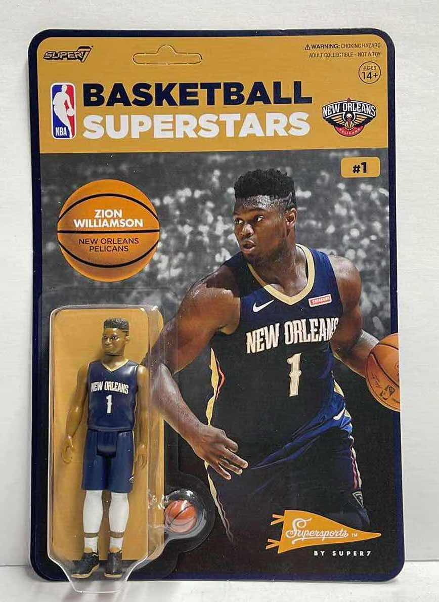 Photo 1 of NIB NBA ZION WILLIAMSON NEW ORLEANS PELICANS SUPER 7 REACTION BASKETBALL FIGURE - RETAIL PRICE $19.99