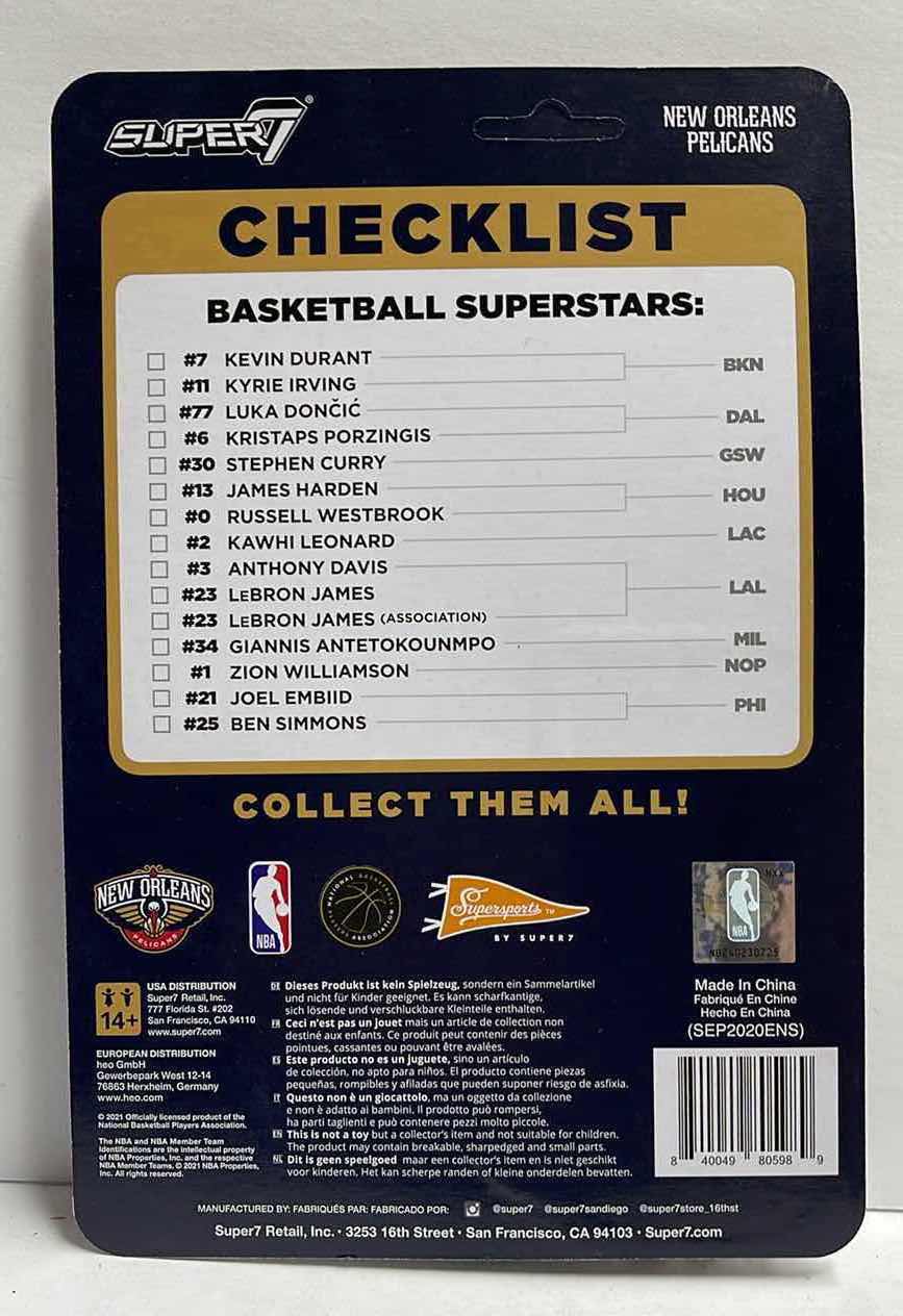 Photo 2 of NIB NBA ZION WILLIAMSON NEW ORLEANS PELICANS SUPER 7 REACTION BASKETBALL FIGURE - RETAIL PRICE $19.99