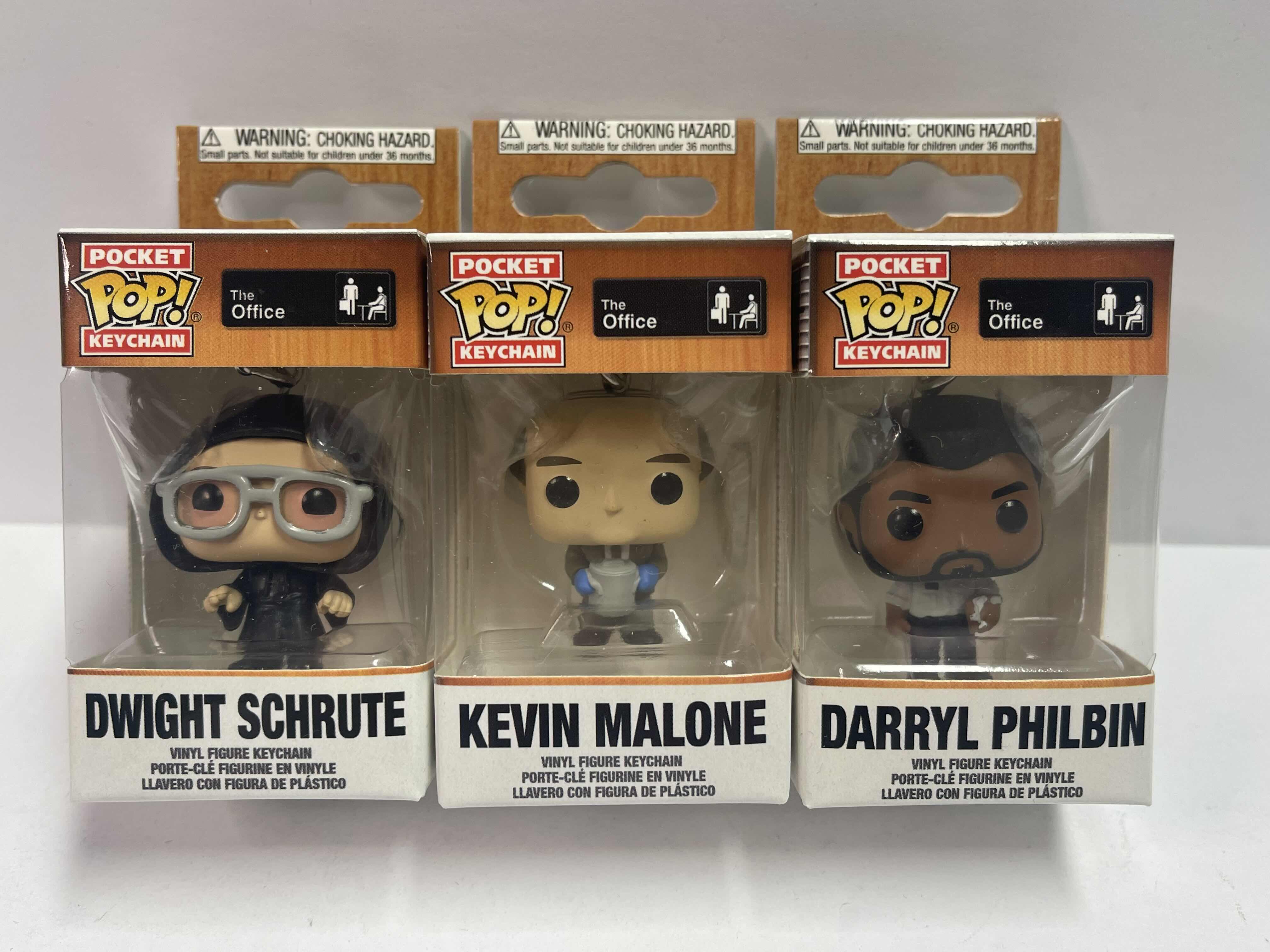Photo 1 of NEW 3 POCKET POP KEYCHAINS “THE OFFICE “ - DARRYL PHILBIN , KEVIN MALONE & DWIGHT SCHRUTE - TOTAL RETAIL PRICE $ 36.00