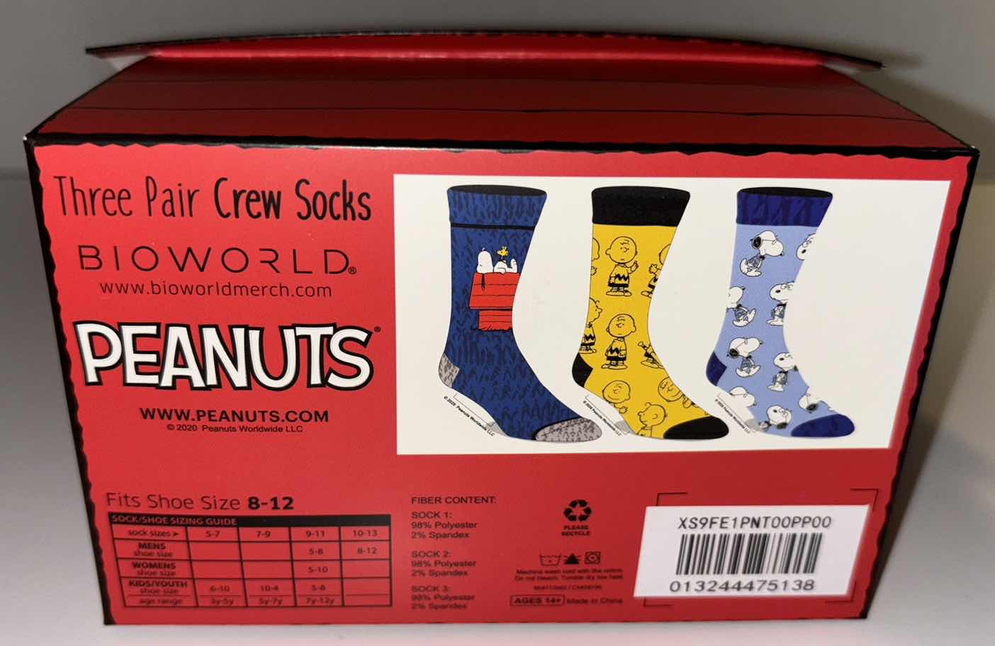 Photo 1 of NEW BIOWORLD PEANUTS 3-PACK CREW SOCKS SET (MENS SIZE 8-12)