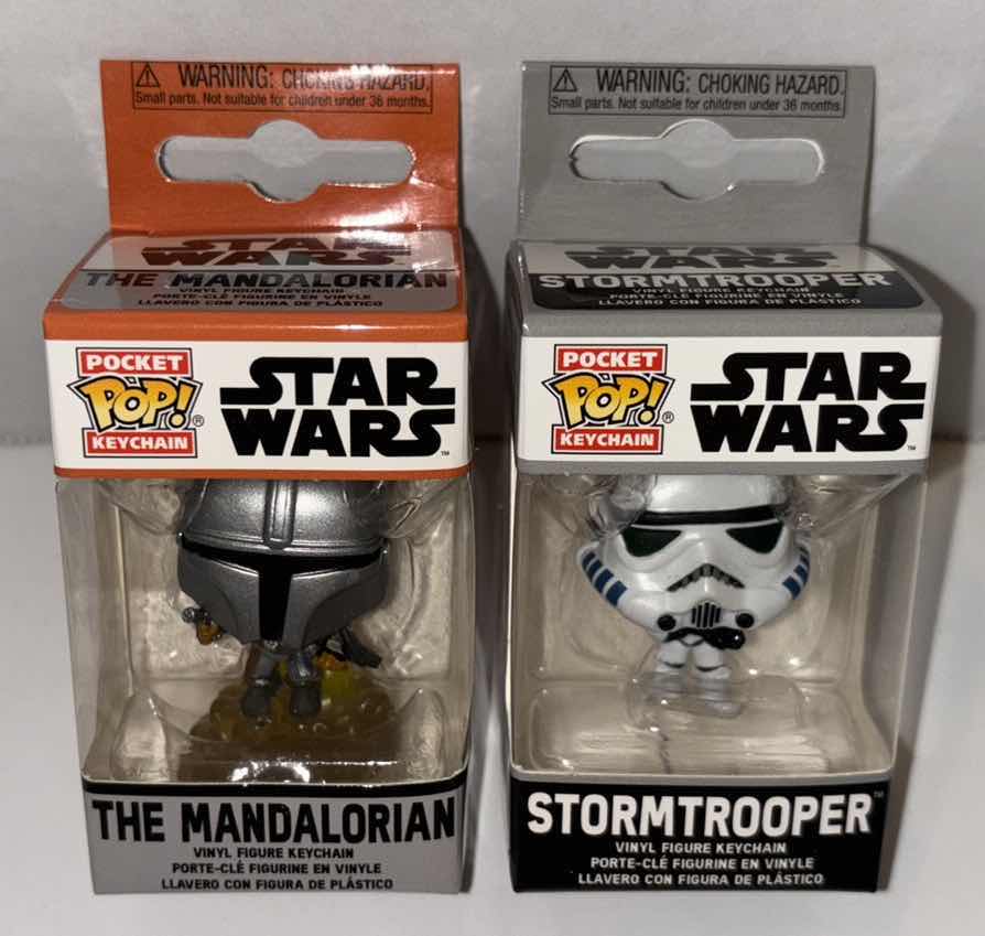 Photo 1 of NEW 2-PACK FUNKO POP! STAR WARS POCKET POP KEYCHAIN, “THE MANDALORIAN W BLASTER & STORMTROOPER”