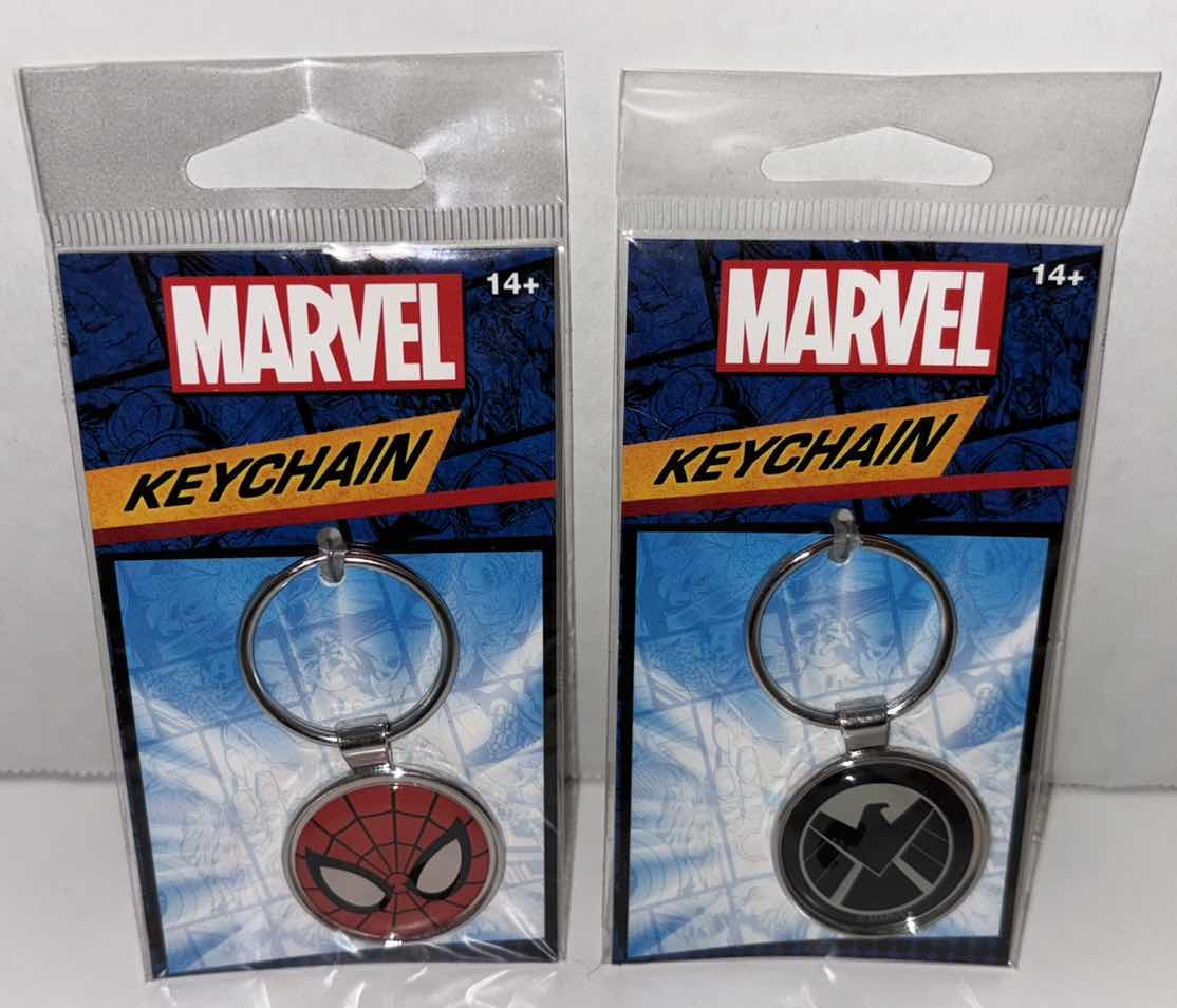 Photo 1 of NEW 2-PACK ATA-BOY MARVEL SPIDERMAN  FACE & MARVEL SHIELD LOGO KEYCHAIN