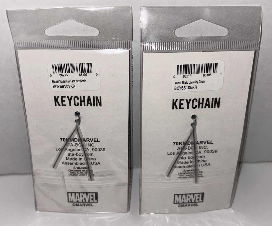 Photo 2 of NEW 2-PACK ATA-BOY MARVEL SPIDERMAN  FACE & MARVEL SHIELD LOGO KEYCHAIN