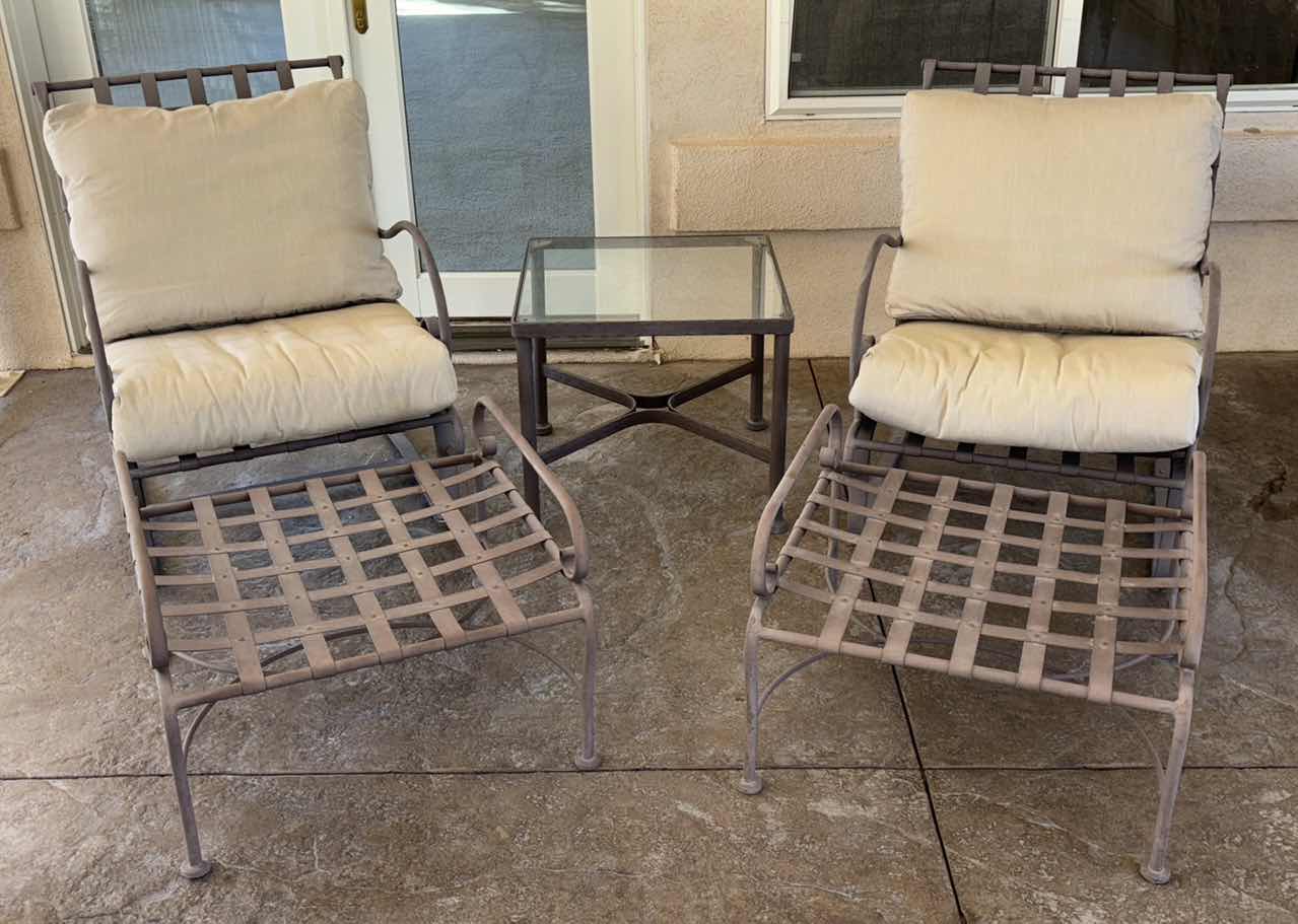 Photo 1 of 5 PC OUTDOOR WROUGHT IRON PATIO SET, HIGH-BACK SPRING BASE PATIO CHAIRS W OTTOMANS & SMALL GLASS TOP TABLE 22.5” x 22.5” H19.5”