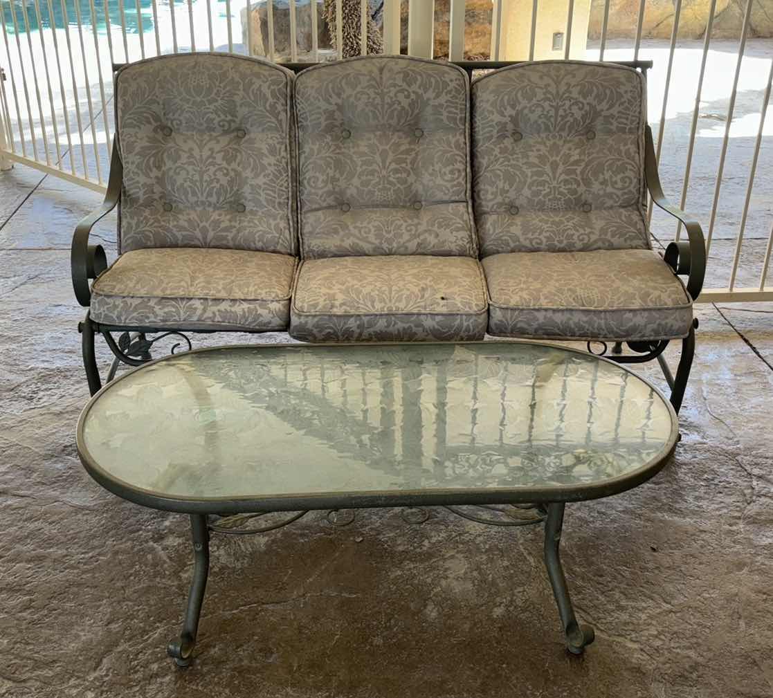 Photo 1 of 2 PC VINTAGE STYLE OUTDOOR WROUGHT IRON COUCHW CUSHIONS & OVAL GLASS TOP LEAF PRINT TABLE, MEASUREMENTS AS NOTED