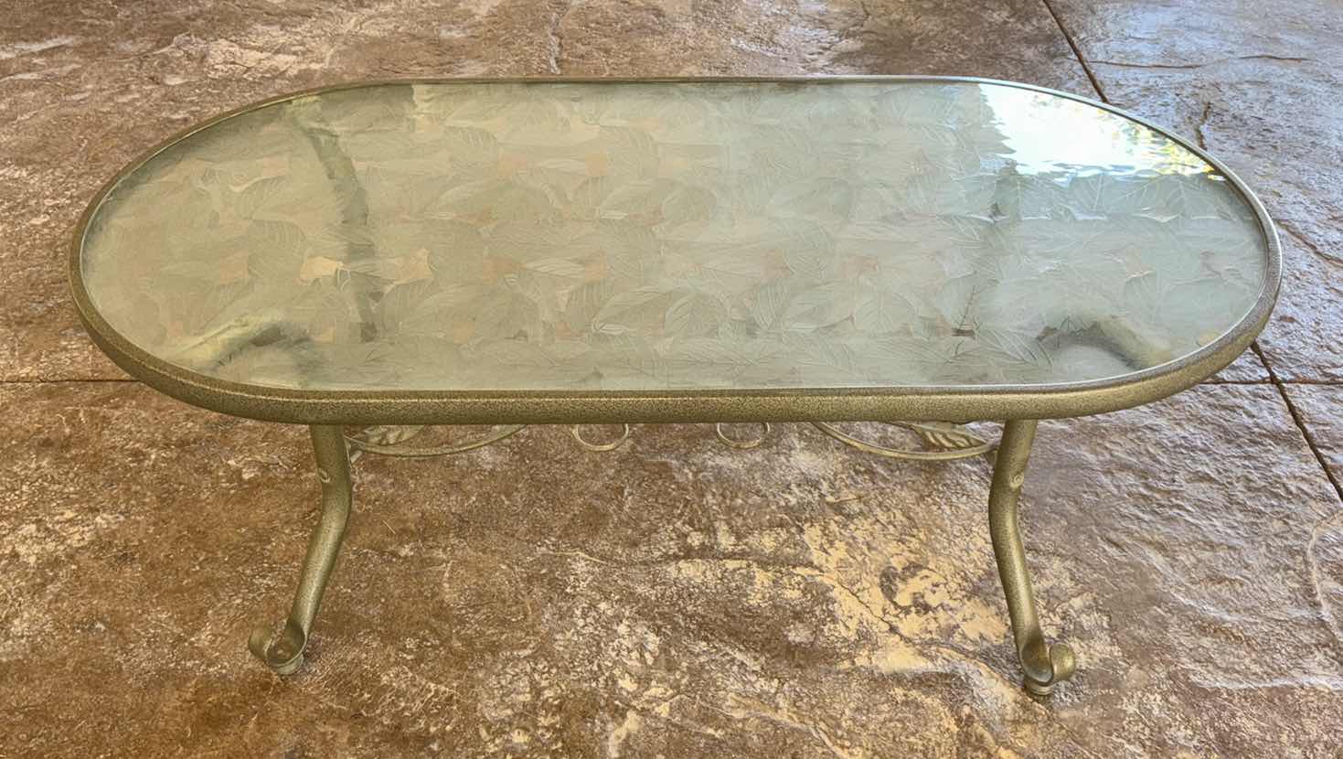 Photo 5 of 2 PC VINTAGE STYLE OUTDOOR WROUGHT IRON COUCHW CUSHIONS & OVAL GLASS TOP LEAF PRINT TABLE, MEASUREMENTS AS NOTED