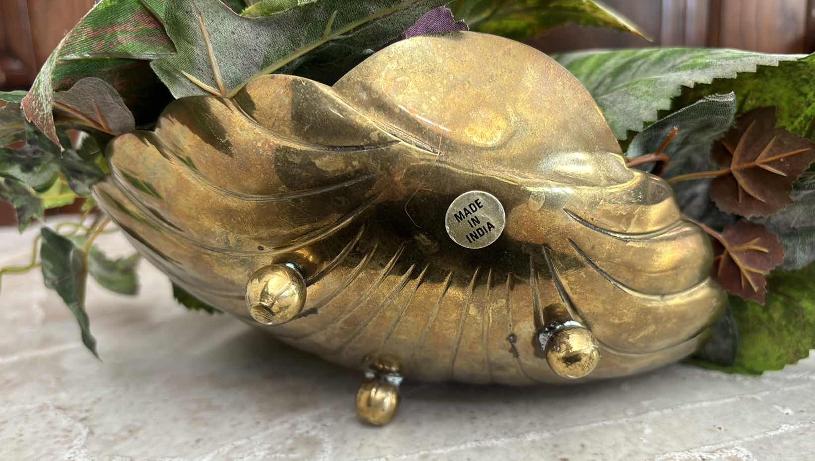 Photo 3 of MID-CENTURY SOLID BRASS SCALLOPED PLANTER BOWL W ARTIFICIAL PLANT 7.75” X 6.5” H3.15”