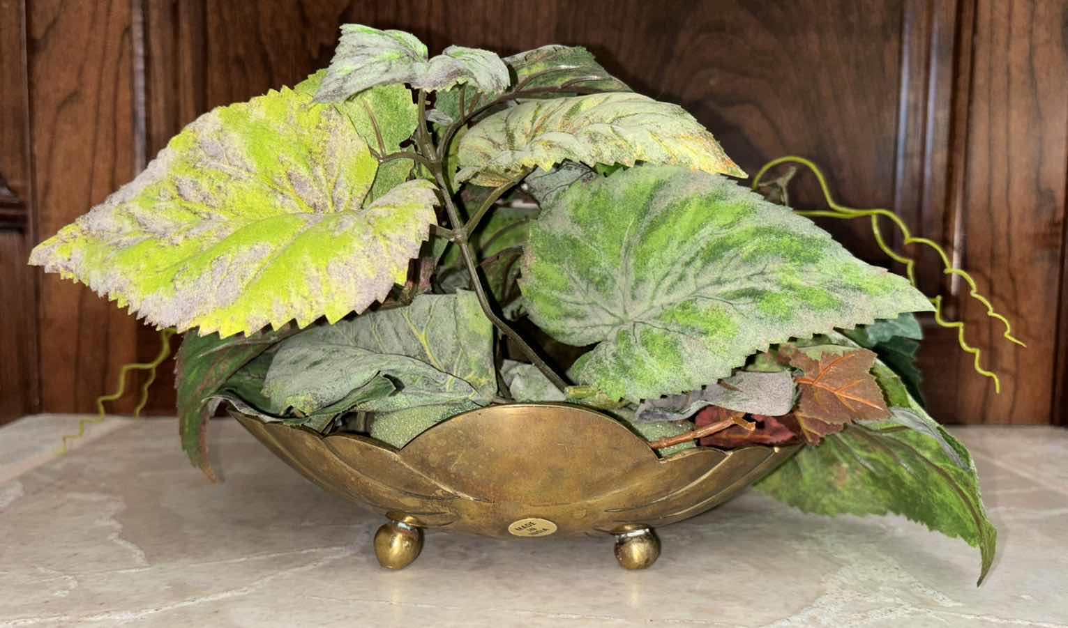 Photo 1 of MID-CENTURY SOLID BRASS SCALLOPED PLANTER BOWL W ARTIFICIAL PLANT 7.75” X 6.5” H3.15”