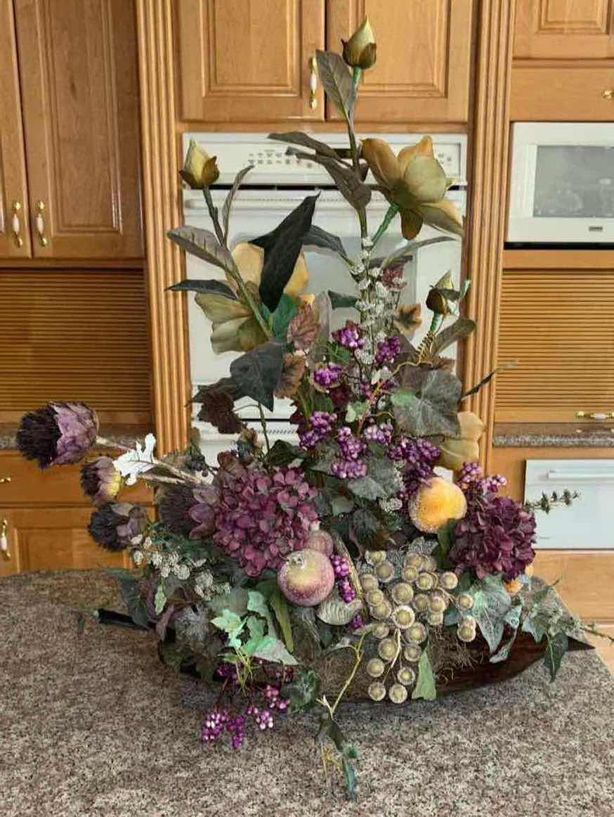 Photo 2 of FLORAL ARRANGEMENT & HAMMERED METAL DECORATIVE LEAF PLATE 26.25” x 14.5” (FLORAL ARRANGEMENT IS H32”)