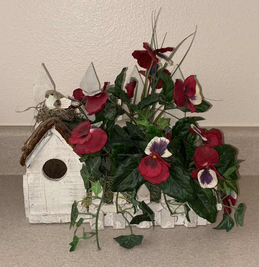 Photo 1 of SHABBY CHIC PANSY W IVY IN BIRDHOUSE FLORAL ARRANGEMENT 5.5” X 11.5” H9.25”