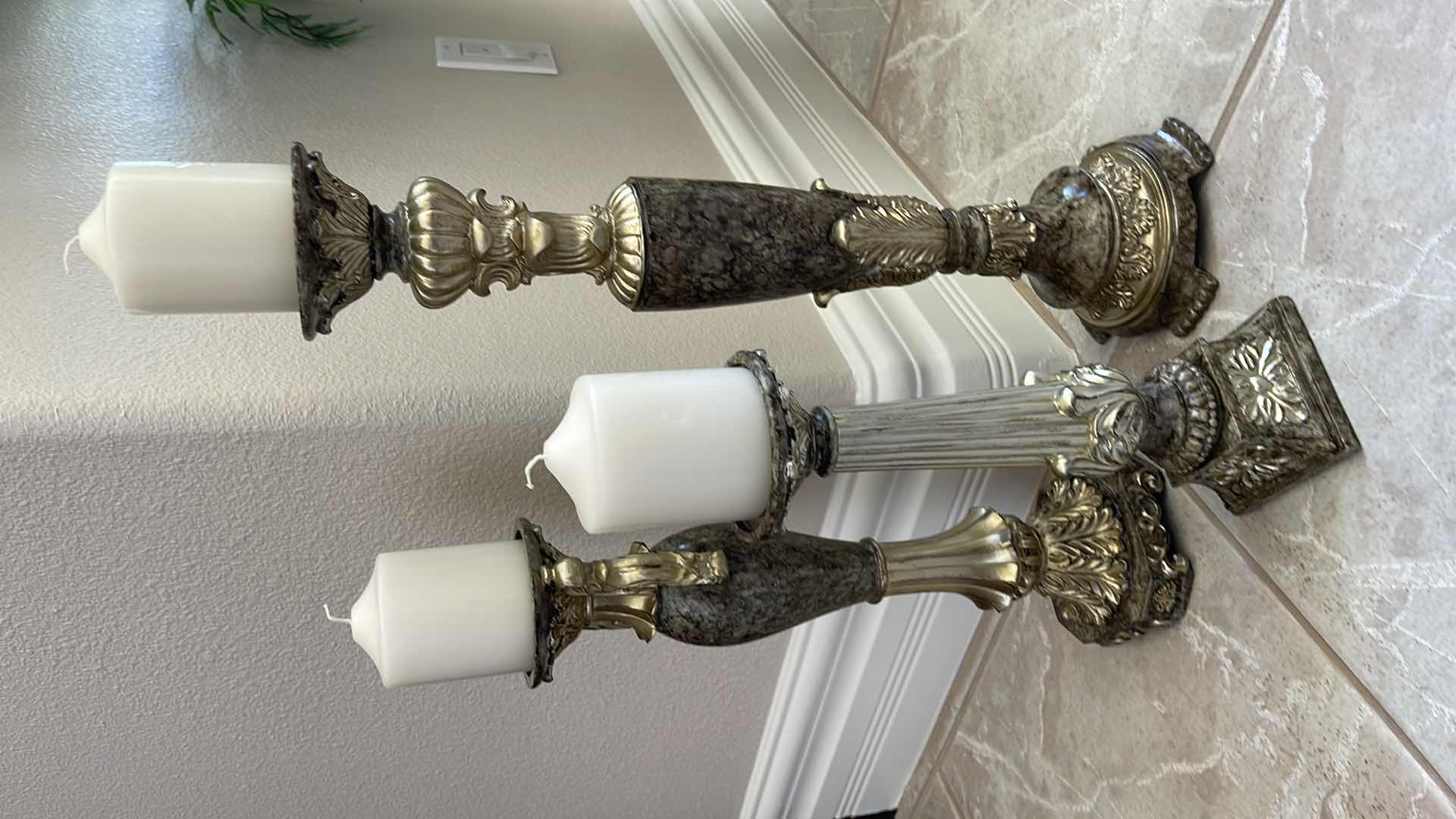 Photo 1 of (3) DECORATIVE CANDLE STICK / PILLAR CANDLE DISPLAY HOLDERS (12”, 16”, 20”) WITH CANDLES