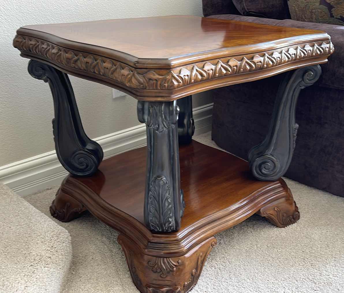 Photo 2 of THOMASVILLE LIVING ROOM CARVED SOLID WOOD END TABLE 30” X 30” H26”