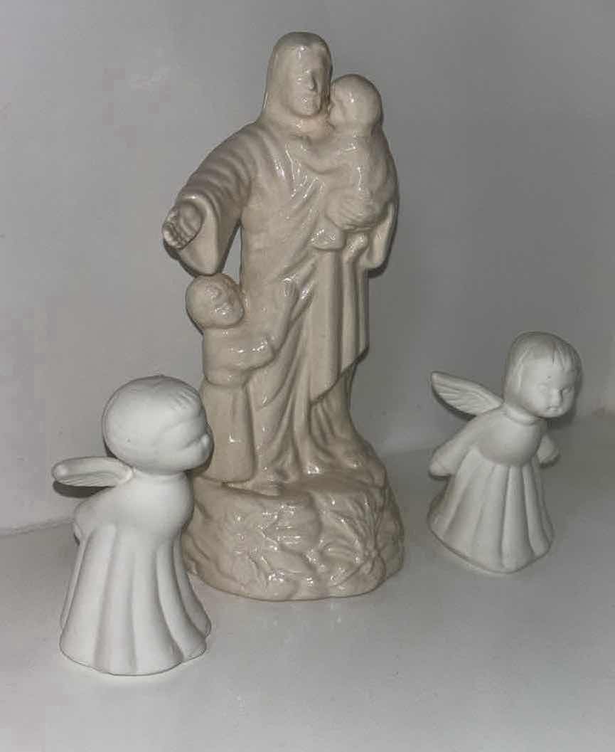 Photo 1 of CERAMIC RELIGIOUS 8.25” FIGURE & PAIR OF CERAMIC 4” ANGELS (3 PCS)