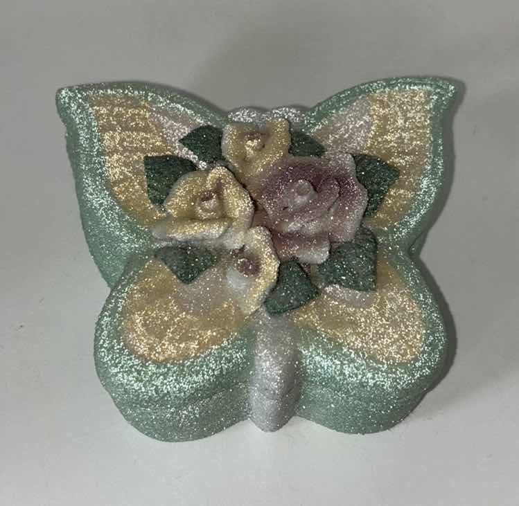 Photo 1 of CERAMIC GLITTERED BUTTERFLY KEEPSAKE JEWELRY BOX 3.6” X 4.25” H2.25”