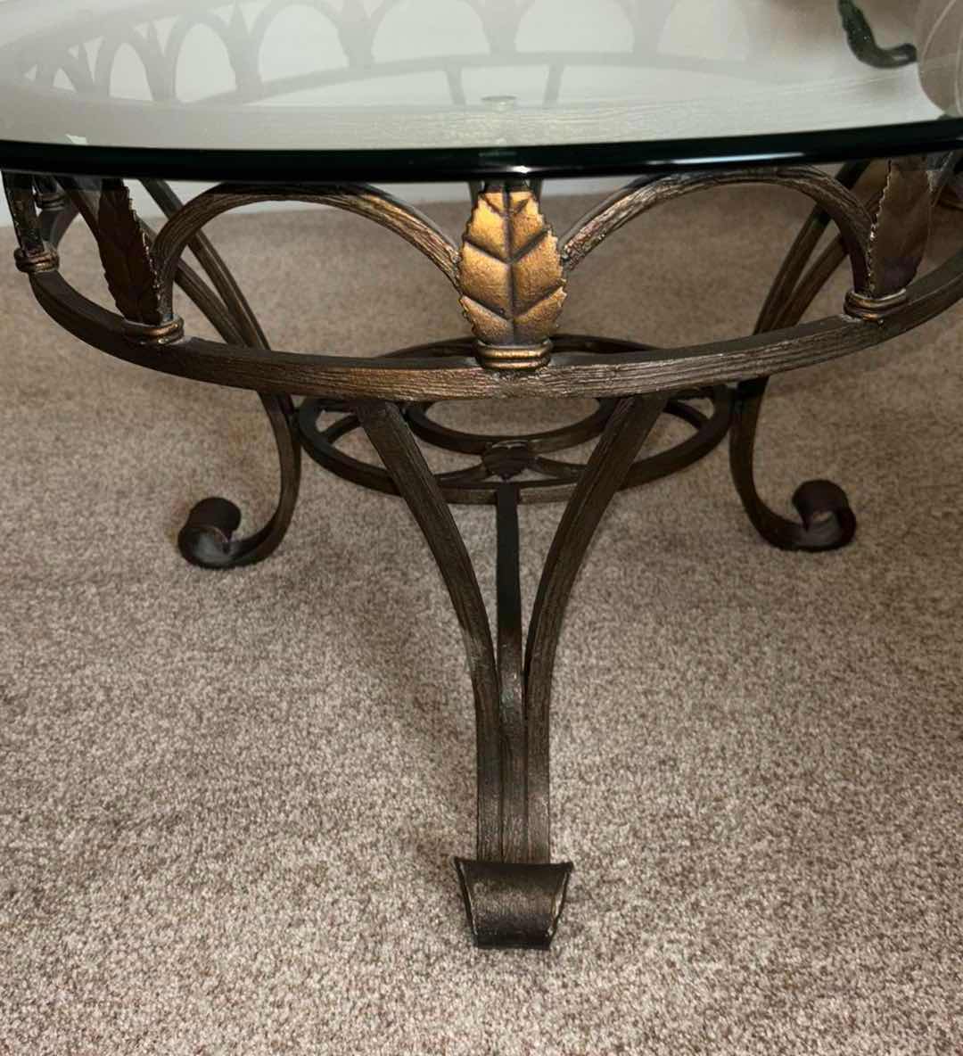 Photo 3 of TARNISHED BRONZE LEAF WROUGHT IRON COFFEE TABLE W OVAL GLASS TOP 31.75” X 47.75” H18”