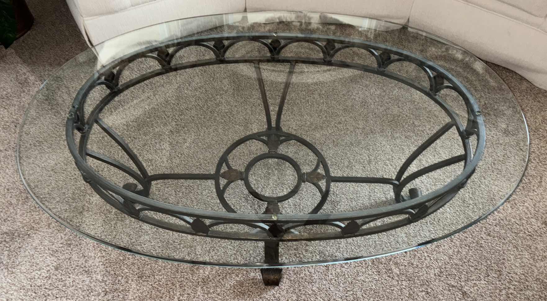 Photo 2 of TARNISHED BRONZE LEAF WROUGHT IRON COFFEE TABLE W OVAL GLASS TOP 31.75” X 47.75” H18”