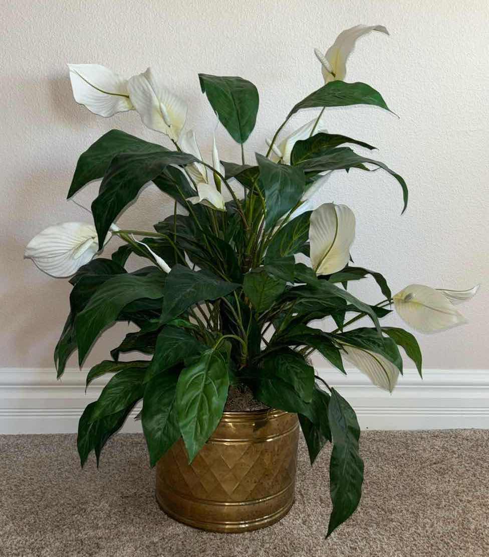 Photo 1 of FAUX LILY PLANT W VINTAGE BRASS PLANTER POT H34”