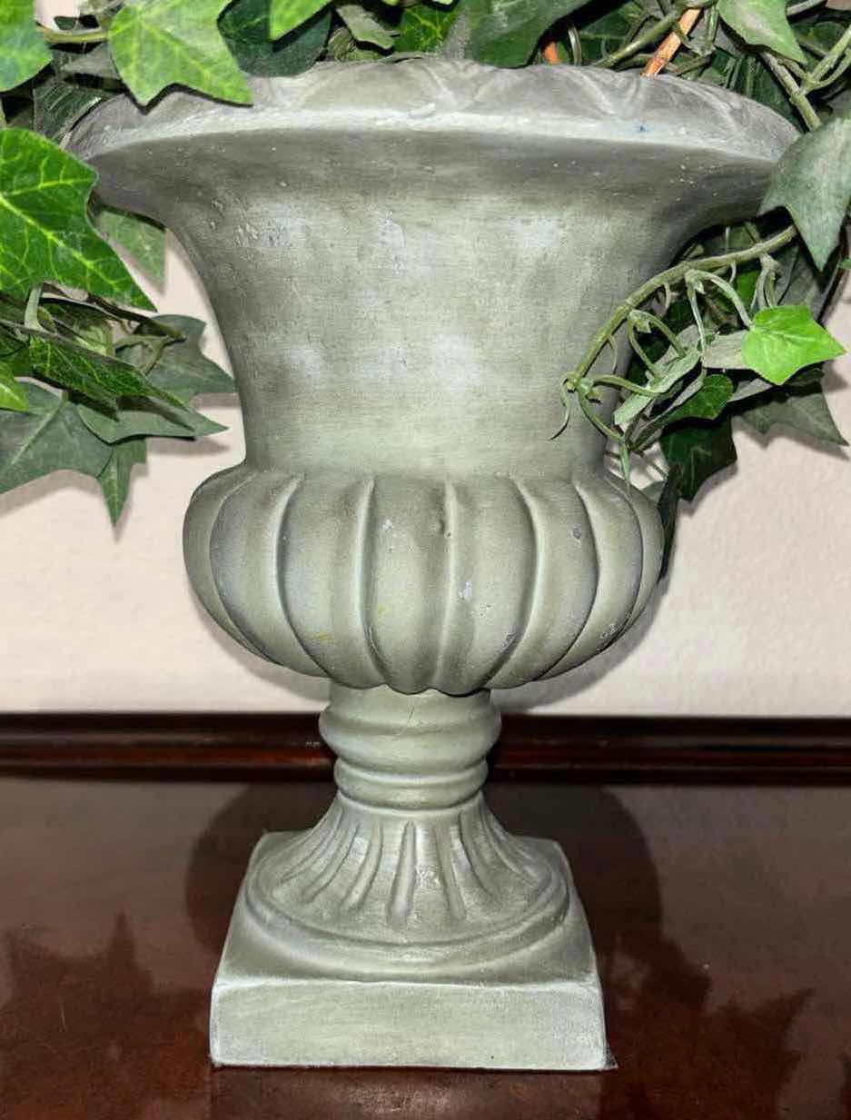 Photo 2 of FAUX PLANTS W 8.5” URN STYLE PLANTER POTS (2)