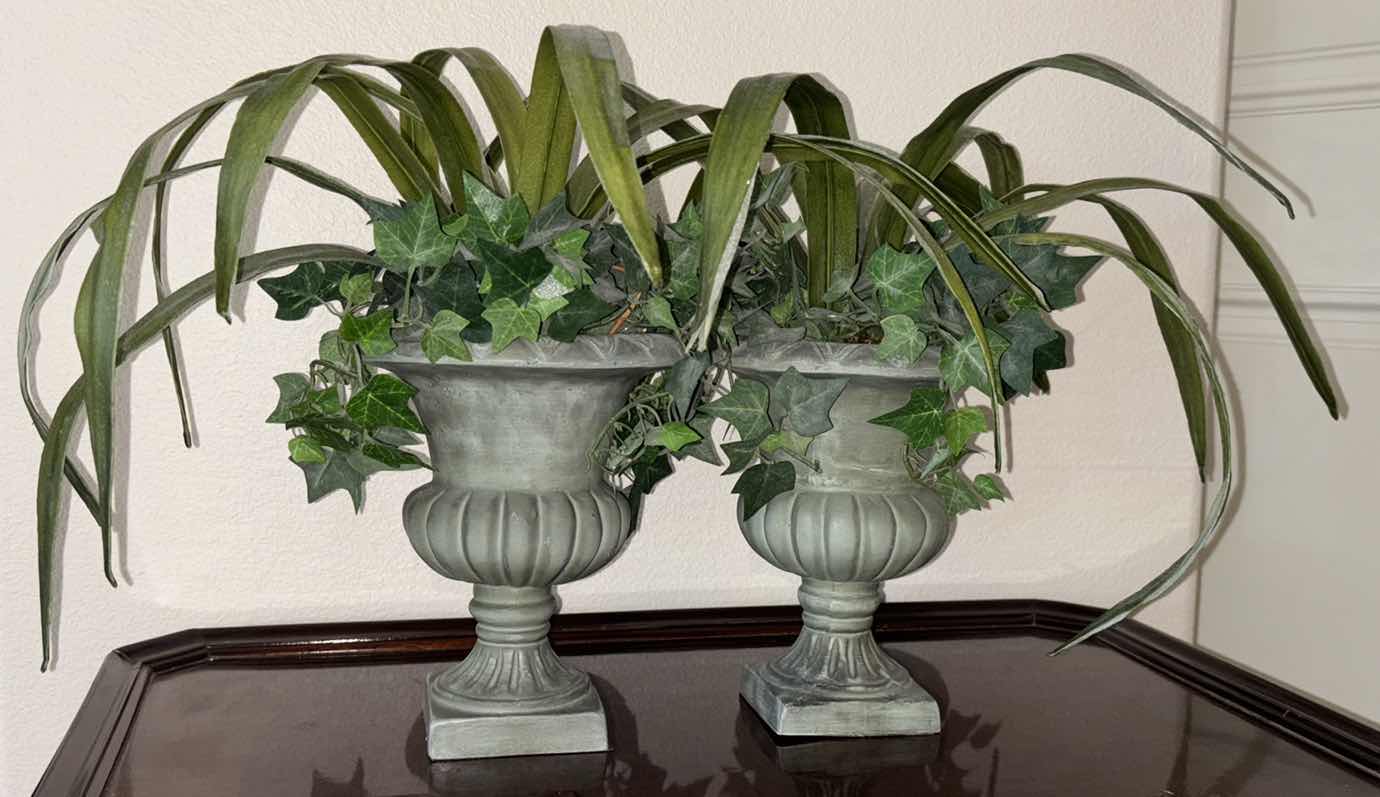 Photo 1 of FAUX PLANTS W 8.5” URN STYLE PLANTER POTS (2)