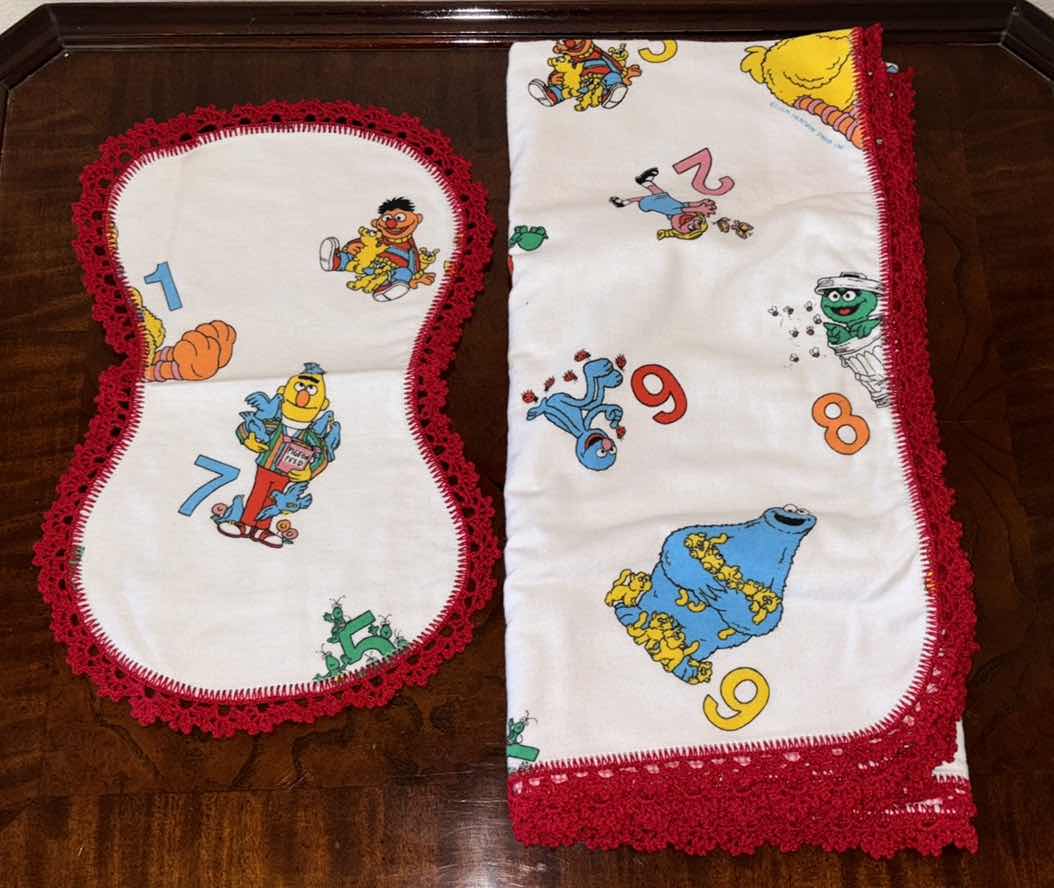 Photo 4 of CERAMIC ‘MOTHER’ TILE ON STAND W NEW HANDMADE SESAME STREET BABY BLANKET & BURP CLOTH