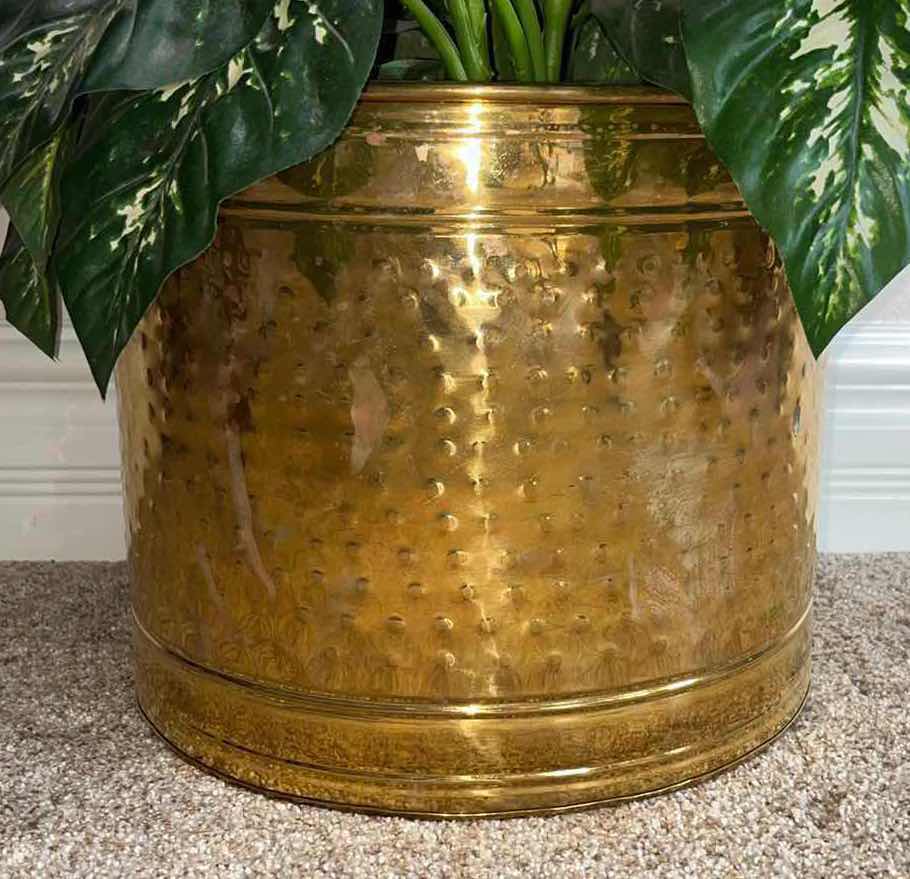 Photo 2 of HAMMERED BRASS PLANTER (13.5” X 13.5” H 11.25”) W FAUX PLANT