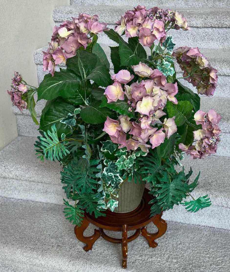 Photo 1 of FAUX HYDRANGEA FLORAL ARRANGEMENT IN BIODEGRADABLE PLANTER WITH WOOD STAND
