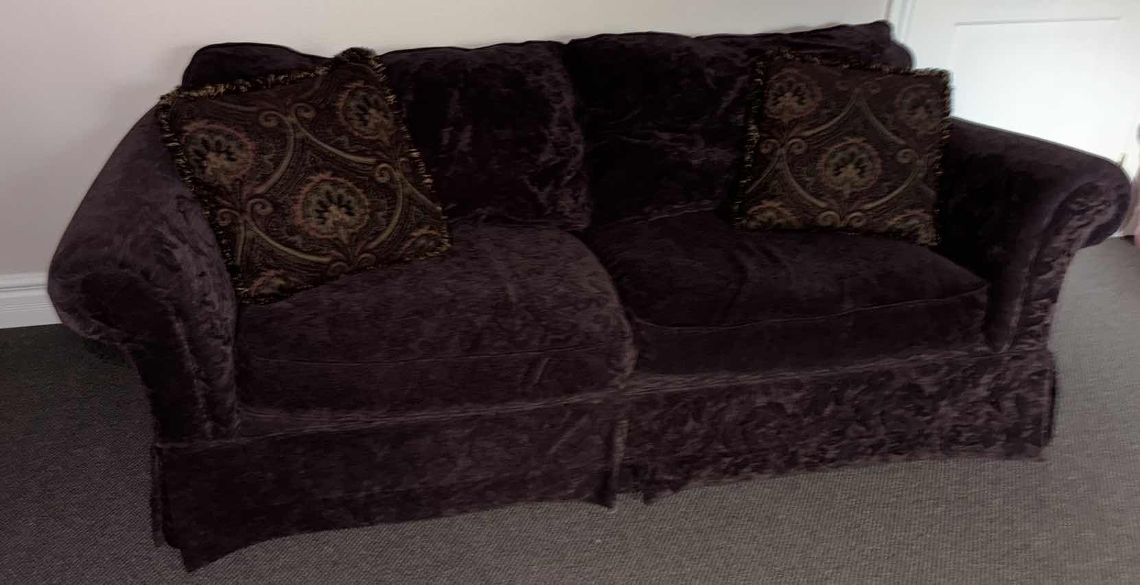 Photo 1 of SOFA W DECORATIVE THROW PILLOWS, PURPLE LEAF PATTERN UPHOLSTERY 40” X 96” H34”