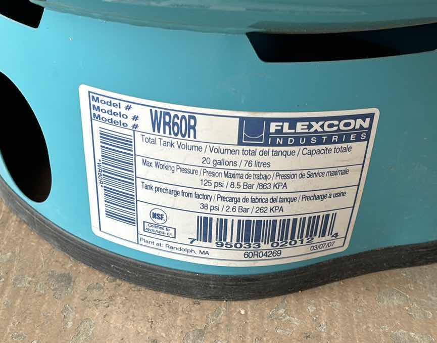 Photo 3 of FLEXCON INDUSTRIES WELL-RITE WELL PRESSURE STEEL 20 GALLON TANK (MODEL WR60R)