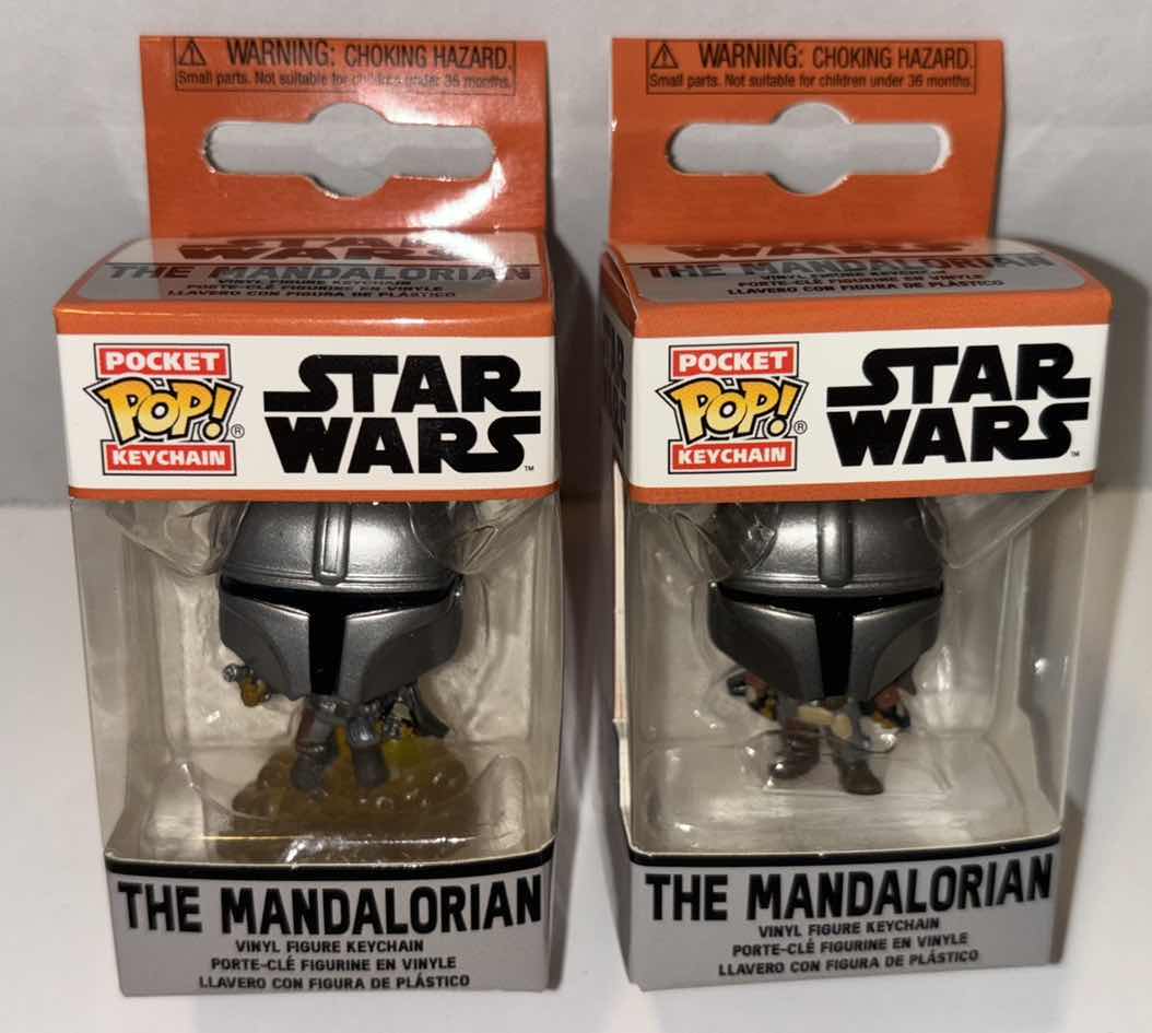 Photo 1 of NEW 2-PACK FUNKO POP! STAR WARS POCKET POP VINYL FIGURE KEYCHAIN, “MANDALORIAN W BLASTER” & “MANDALORIAN”