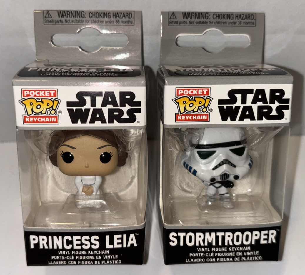 Photo 1 of NEW 2-PACK FUNKO POP! STAR WARS POCKET POP VINYL FIGURE KEYCHAIN, “PRINCESS LEIA” & “STORMTROOPER”