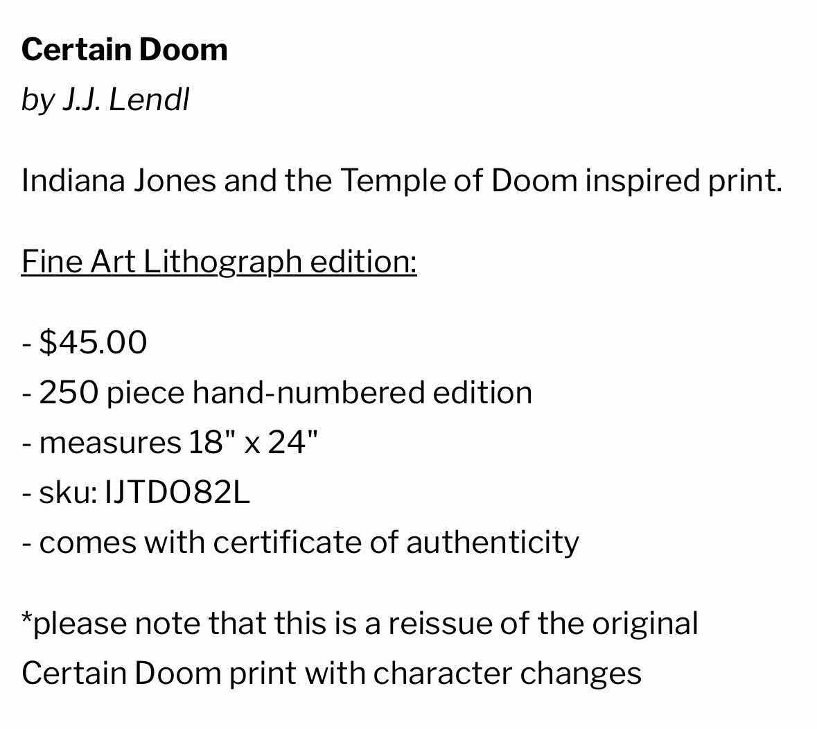 Photo 4 of NEW ACME ARCHIVES DIRECT INDIANA JONES “CERTAIN DOOM” BY JJ LENDL 18” X 24” LITHOGRAPH UNFRAMED PRINT, INCLUDES CERTIFICATE OF AUTHENTICITY (#64 OF 250)