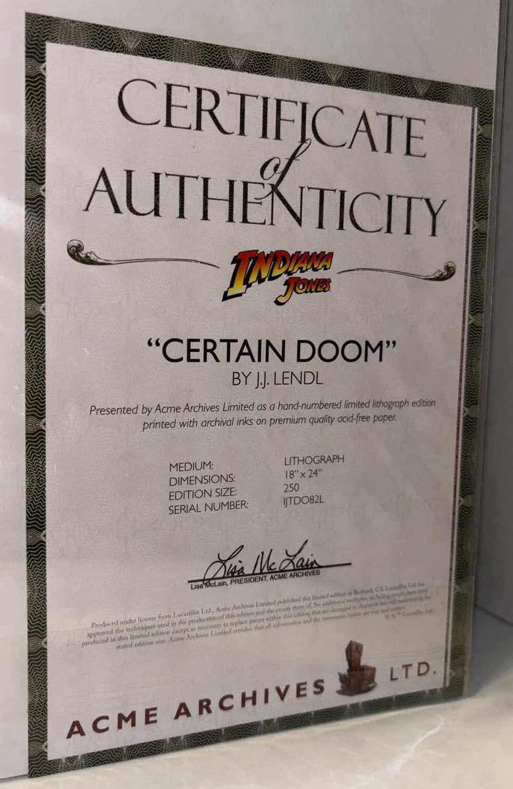 Photo 5 of NEW ACME ARCHIVES DIRECT INDIANA JONES “CERTAIN DOOM” BY JJ LENDL 18” X 24” LITHOGRAPH UNFRAMED PRINT, INCLUDES CERTIFICATE OF AUTHENTICITY (#64 OF 250)