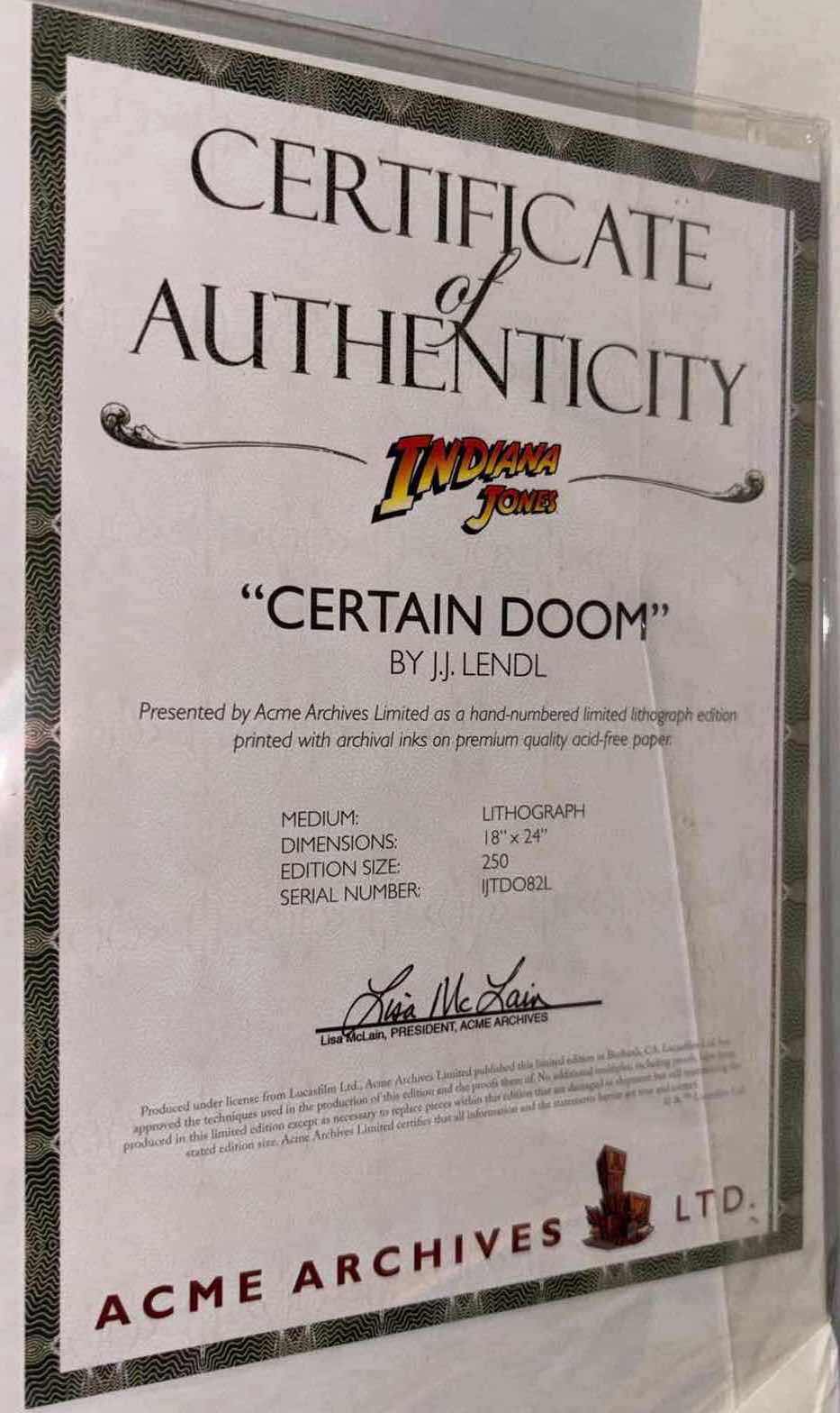 Photo 5 of NEW ACME ARCHIVES DIRECT INDIANA JONES “CERTAIN DOOM” BY JJ LENDL 18” X 24” LITHOGRAPH UNFRAMED PRINT, INCLUDES CERTIFICATE OF AUTHENTICITY (#60 OF 250)