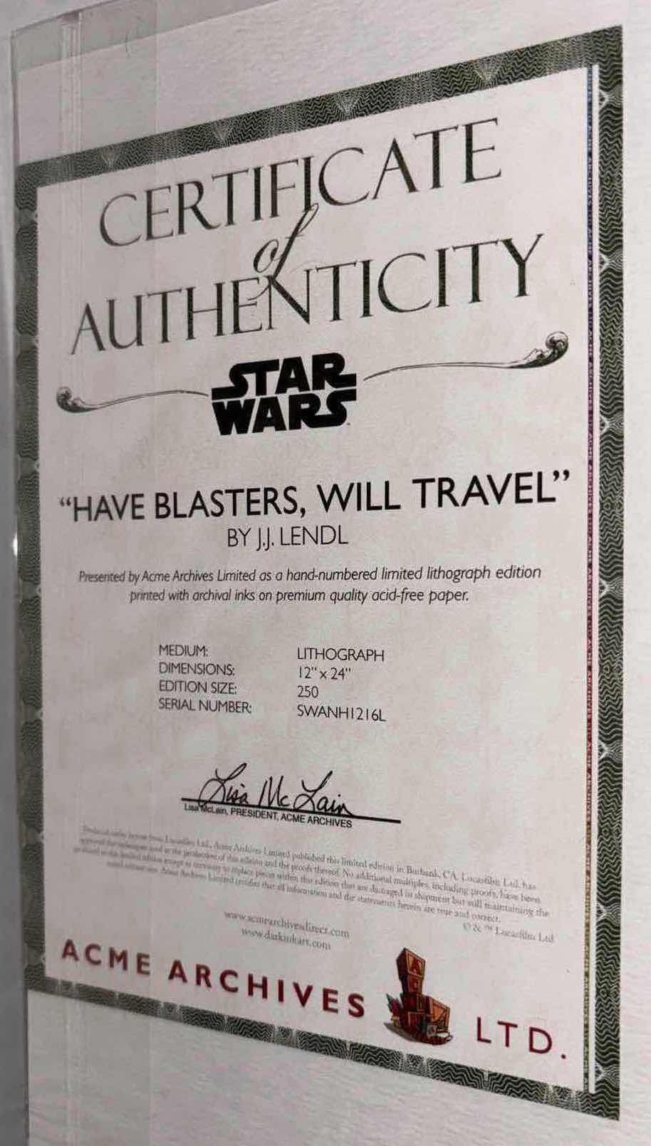 Photo 5 of NEW ACME ARCHIVES DIRECT STAR WARS “HAVE BLASTERS, WILL TRAVEL” BY JJ LENDL 12” X 24” LITHOGRAPH UNFRAMED PRINT, INCLUDES CERTIFICATE OF AUTHENTICITY (#97 OF 250)