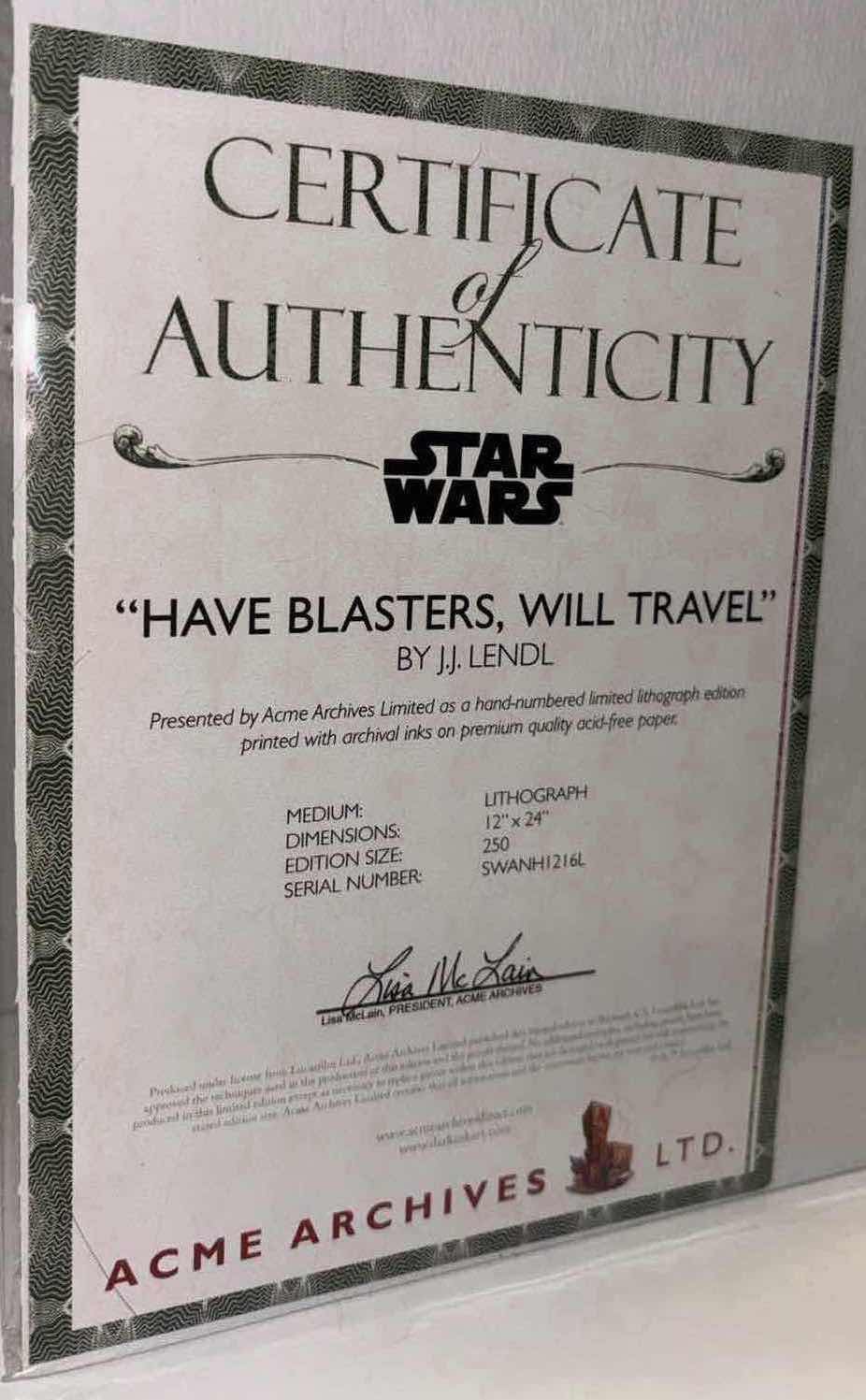 Photo 5 of NEW ACME ARCHIVES DIRECT STAR WARS “HAVE BLASTERS, WILL TRAVEL” BY JJ LENDL 12” X 24” LITHOGRAPH UNFRAMED PRINT, INCLUDES CERTIFICATE OF AUTHENTICITY (#98 OF 250)