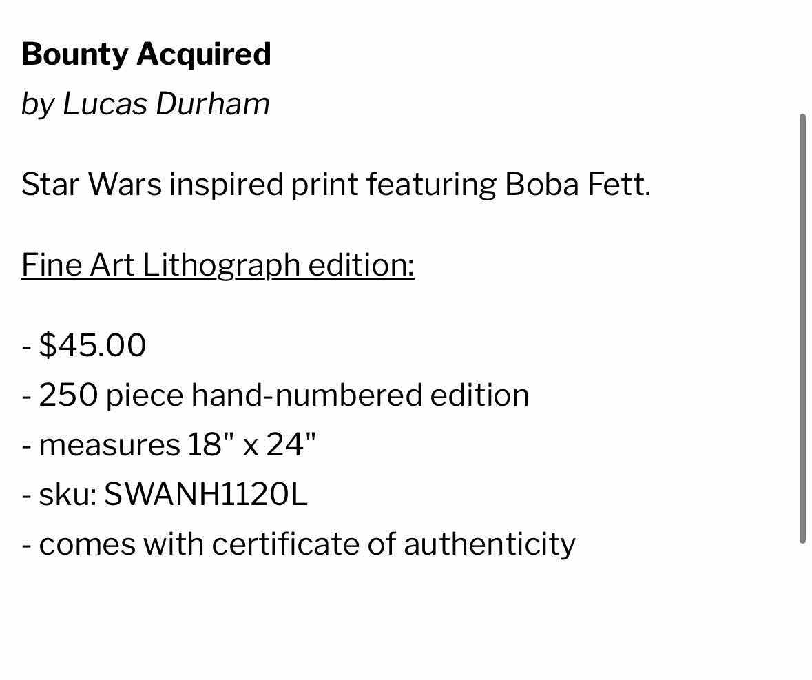 Photo 4 of NEW ACME ARCHIVES DIRECT STAR WARS “BOUNTY ACQUIRED” BY LUCAS DURHAM 12” X 24” LITHOGRAPH UNFRAMED PRINT, INCLUDES CERTIFICATE OF AUTHENTICITY (#112 OF 250)