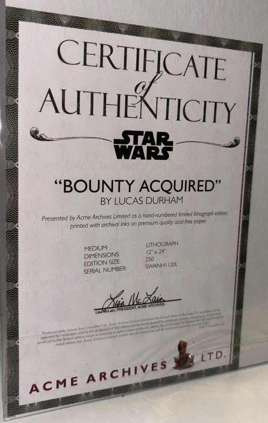 Photo 5 of NEW ACME ARCHIVES DIRECT STAR WARS “BOUNTY ACQUIRED” BY LUCAS DURHAM 12” X 24” LITHOGRAPH UNFRAMED PRINT, INCLUDES CERTIFICATE OF AUTHENTICITY (#112 OF 250)