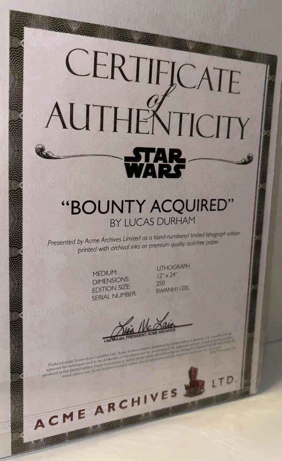 Photo 5 of NEW ACME ARCHIVES DIRECT STAR WARS “BOUNTY ACQUIRED” BY LUCAS DURHAM 12” X 24” LITHOGRAPH UNFRAMED PRINT, INCLUDES CERTIFICATE OF AUTHENTICITY (#109 OF 250)