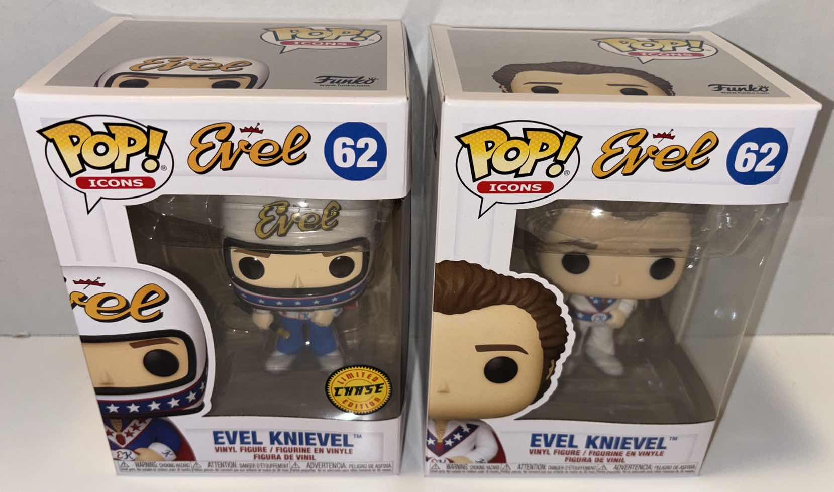 Photo 1 of NEW 2-PACK FUNKO POP! ICONS VINYL FIGURE, EVEL #62 LIMITED CHASE EDITION W HELMET & BLUE SUIT “EVEL KNIEVEL” & #62 WHITE SUIT “EVEL KNIEVEL”