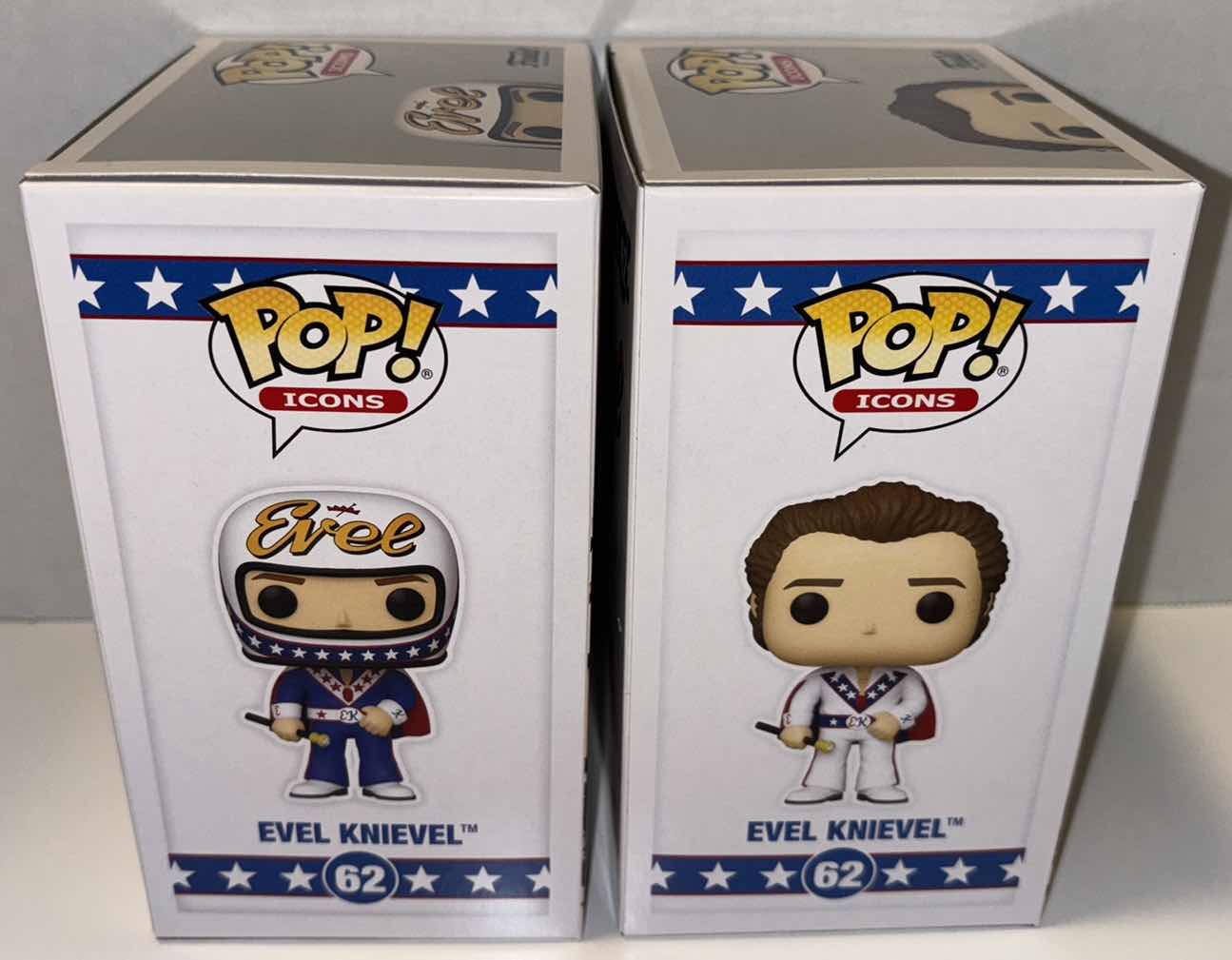 Photo 2 of NEW 2-PACK FUNKO POP! ICONS VINYL FIGURE, EVEL #62 LIMITED CHASE EDITION W HELMET & BLUE SUIT “EVEL KNIEVEL” & #62 WHITE SUIT “EVEL KNIEVEL”