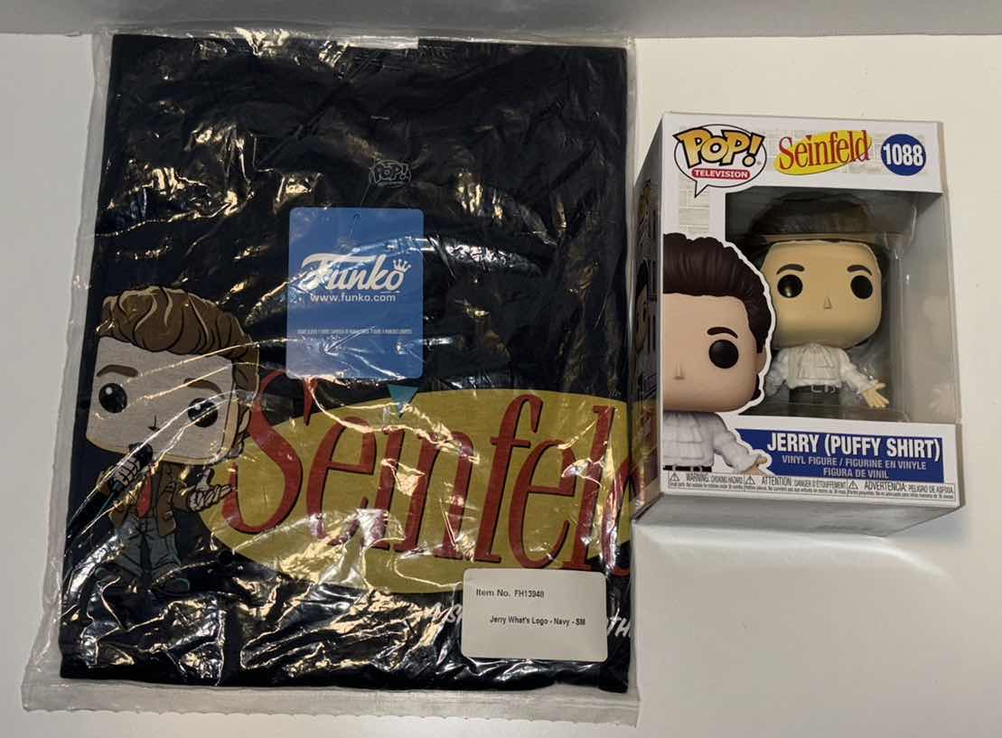 Photo 1 of NEW FUNKO POP! SEINFELD TEE & VINYL FIGURE BUNDLE, SEINFELD LOGO T-SHIRT & #1088 JERRY-PUFFY SHIRT (COLOR:NAVY, SIZE:3X)