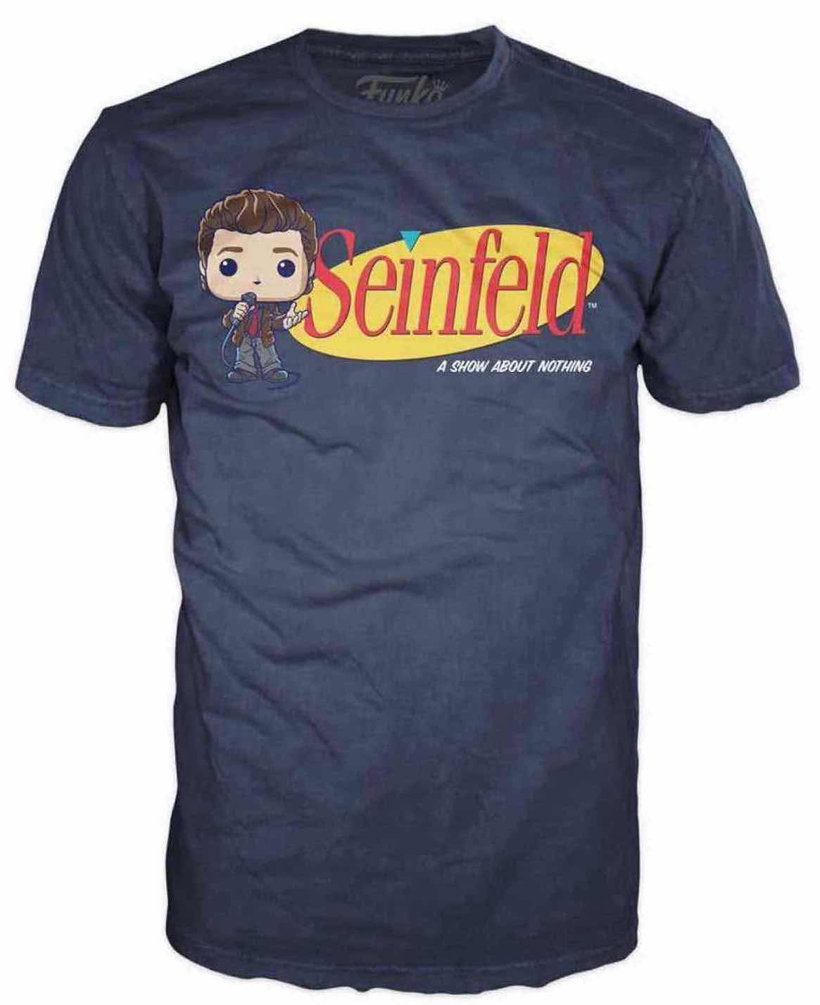 Photo 2 of NEW FUNKO POP! SEINFELD TEE & VINYL FIGURE BUNDLE, SEINFELD LOGO T-SHIRT & #1088 JERRY-PUFFY SHIRT (COLOR:NAVY, SIZE:3X)