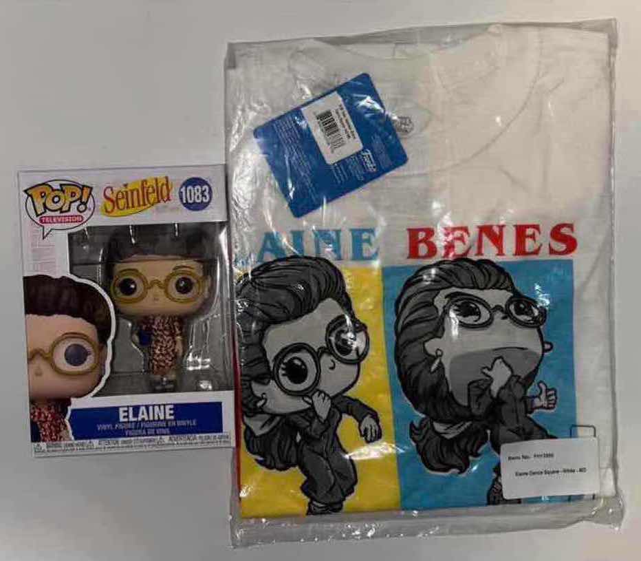 Photo 1 of NEW FUNKO POP! SEINFELD TEE & VINYL FIGURE BUNDLE, ELAINE DANCE SQUARES T-SHIRT & #1083 ELAINE (COLOR:WHITE, SIZE:3X)