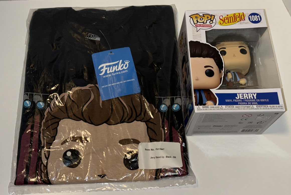 Photo 1 of NEW FUNKO POP! SEINFELD TEE & VINYL FIGURE BUNDLE, JERRY STAND UP T-SHIRT & #1081 JERRY DOING STAND UP (COLOR:BLACK, SIZE:3X)