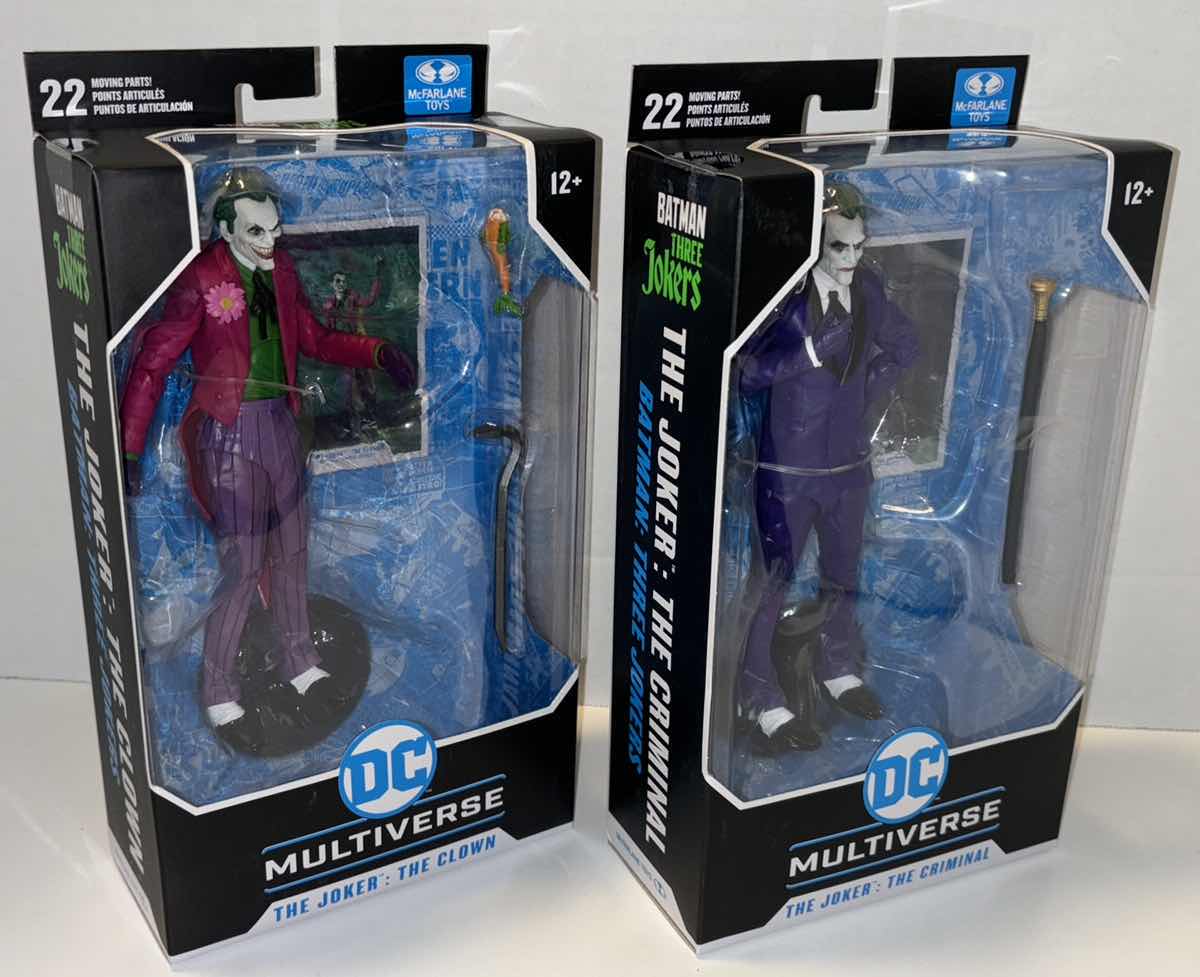 Photo 1 of NEW 2-PACK MCFARLANE TOYS DC MULTIVERSE ACTION FIGURE & ACCESSORIES, BATMAN:
THREE JOKERS “THE JOKER: THE CLOWN” & "THE JOKER: THE CRIMINAL"