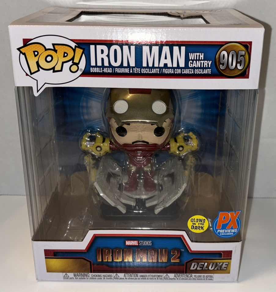 Photo 1 of NEW FUNKO POP! MARVEL STUDIOS IRON MAN 2 DELUXE BOBBLEHEAD FIGURE, GLOW IN THE DARK PX PREVIEWS EXCLUSIVE #905 “IRON MAN WITH GANTRY”