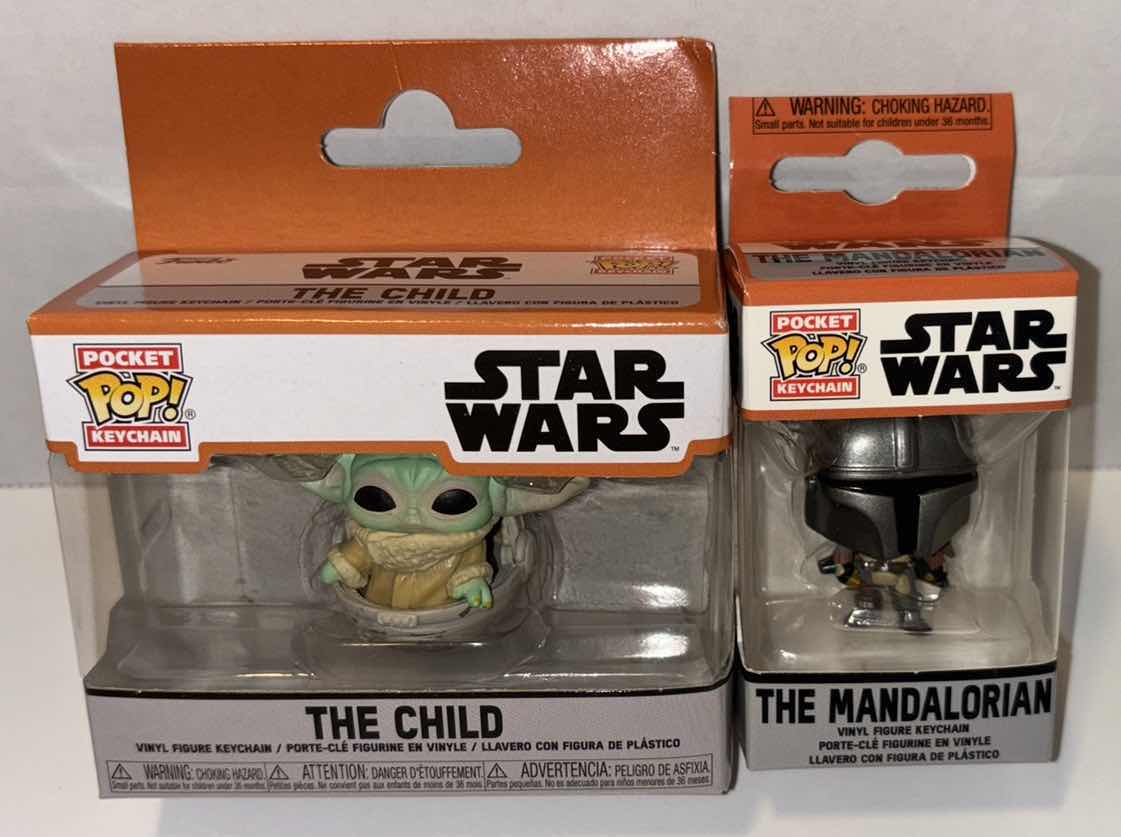 Photo 1 of NEW 2-PACK FUNKO POP! POCKET POP STAR WARS KEYCHAINS, “THE  CHILD” & “THE MANDALORIAN”